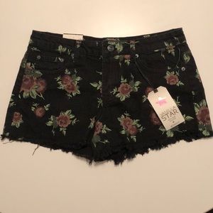 Black floral denim shorts